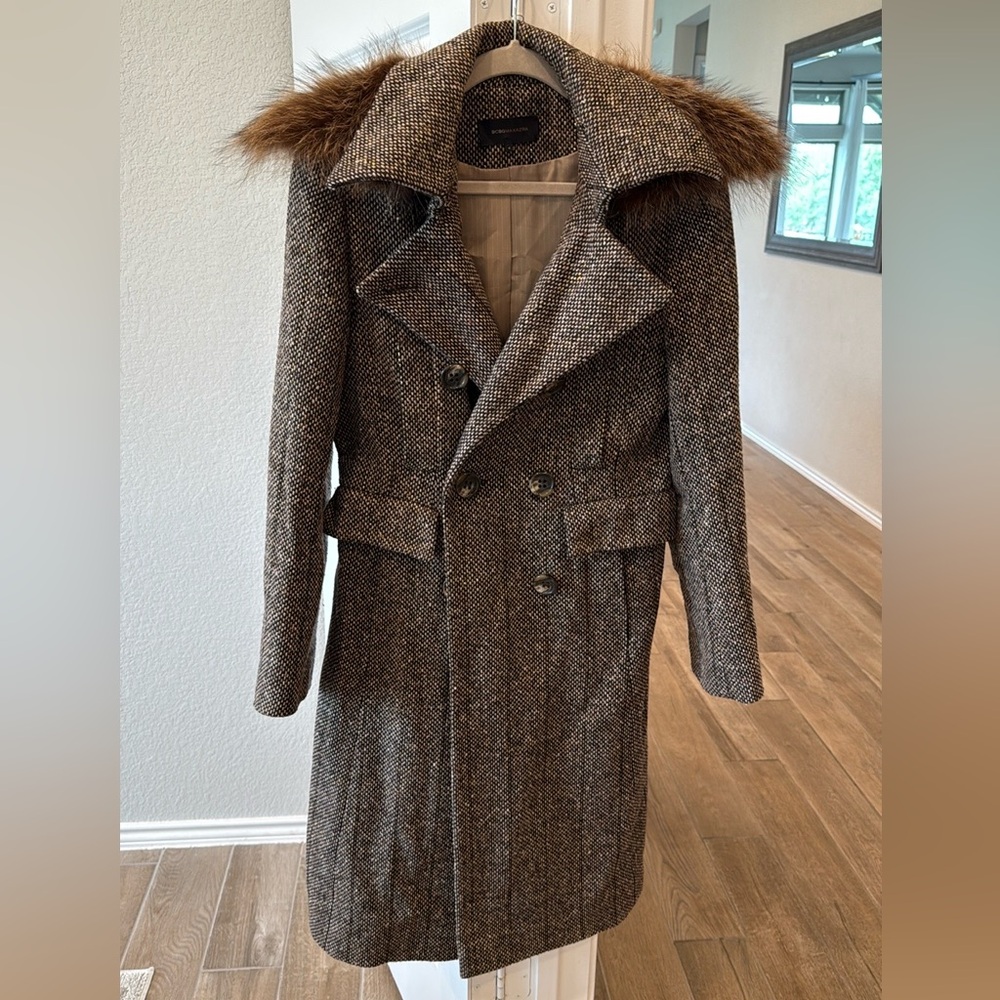 Brown Tweed Coat with Faux Fur Collar
